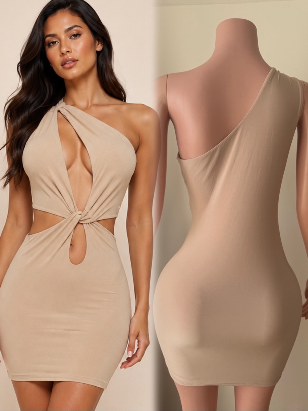 One-Shoulder Knot Cutout Mini Dress - Beige